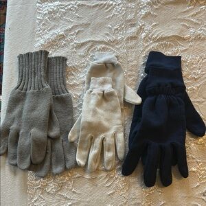 Set of Three Knit Glove Liners in Gray, Silver White and Navy Mens Size L/XL